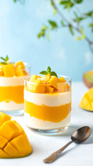 Delicious mango parfait with layers of cream and fresh mango chunks, perfect for summer desserts.