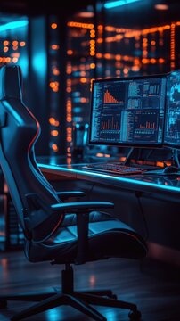 Gaming setup with glowing monitors and a chair set in a futuristic room