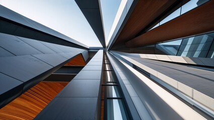 Obraz premium Displaying converging metal beams and wood slats reaching toward sky in urban atrium, with glass