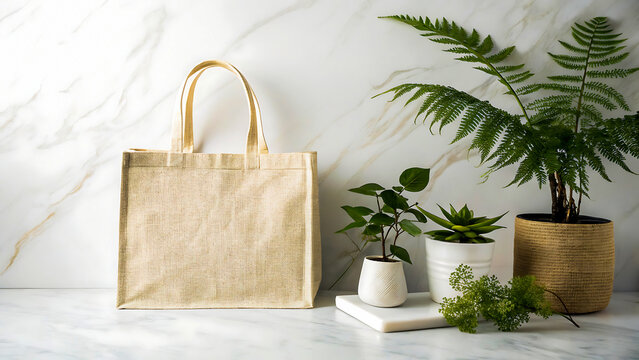 Natural jute tote bag displayed with potted houseplants on a marble surface - Powered by Adobe