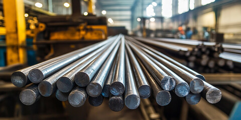 Steel rods stacked in a manufacturing facility for construction Generative AI
