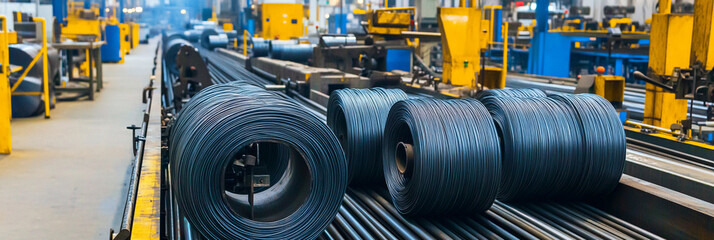 High-quality steel wire coils in industrial setting Generative AI