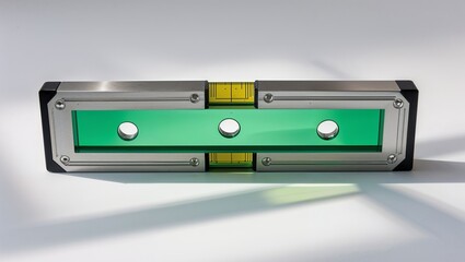 Fototapeta premium Displaying spirit level with green vial and black end caps on white surface showing bubble vials