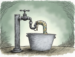 Quantitative Easing: Money Faucet Over Economy Bucket Representing Stimulus