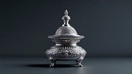 Displaying ornate silver container with lid on studio tabletop, highlighting engraved patterns