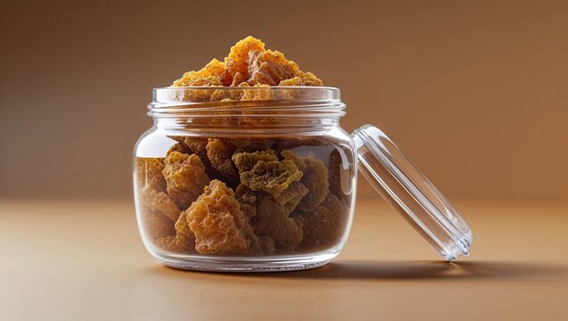 Displaying glass jar holding orange-brown crumbly chunks on countertop in studio, with hinged lid - Powered by Adobe