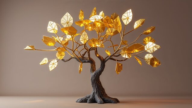 Showing golden polygonal leaf tree sculpture glowing in studio, with textured trunk and limbs - Powered by Adobe