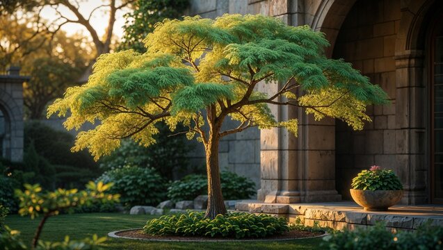 Ornamental tree spreading its canopy in courtyard garden, with round planter and trimmed hedges - Powered by Adobe