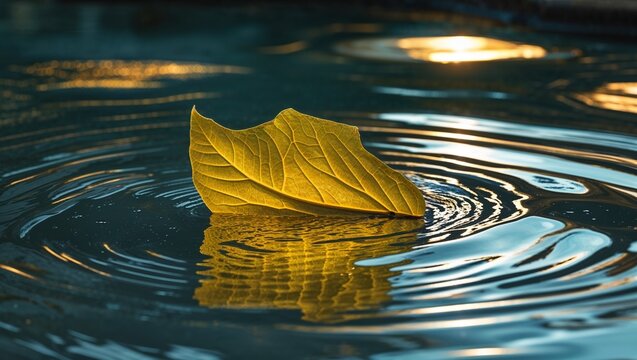 Drifting single yellow leaf creating concentric ripples on calm pond water, reflecting sunlight - Powered by Adobe