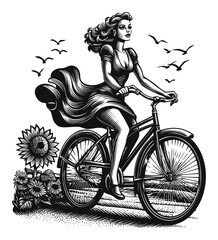 Obraz premium Woman Riding Bicycle with Vintage Style, Sunflower, and Birds in Scenic View