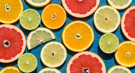 Vibrant Citrus Slices Pattern on a Blue Background.
An Overhead View of Fresh Oranges, Grapefruits, Limes, and Lemons.
Showcasing a Colorful and Refreshing Array of Healthy Fruit lemon day 