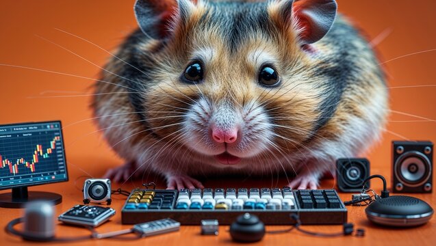 Perching hamster peering over mechanical keyboard on orange desk, with stock-chart monitor - Powered by Adobe