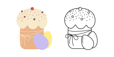 HandDrawn Easter Cake and eggs Colorful and Outline Easter Sticker Icon Pictogram Design Element Set