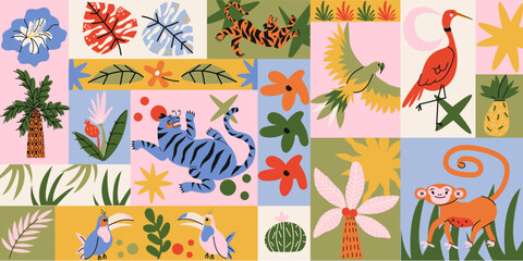Fototapeta premium Seamless tropical pattern in retro cartoon style. Jungle elements: palm tree, leopard, snake, toucan, exotic leaves. Colorful graphic design with bold summer vibe in cartoon style