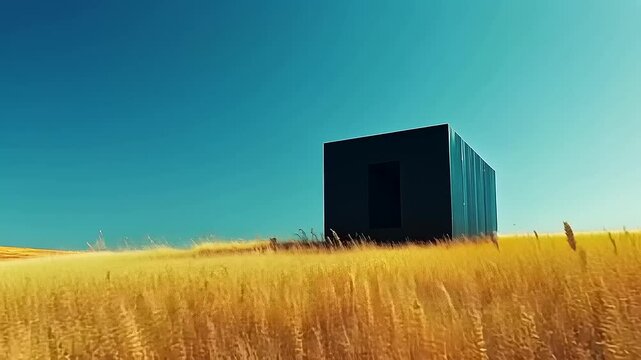 Exploring Minimalism: A Black Cube Amidst Golden Fields