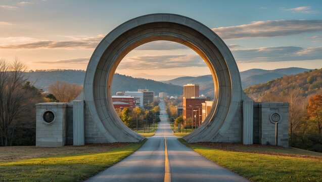 Framing stone circular archway guiding paved road toward town buildings, streetlamps lining verges - Powered by Adobe