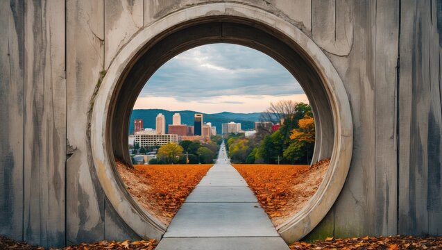 Revealing circular portal framing path at park, with autumn leaves, skyline and distant mountains - Powered by Adobe