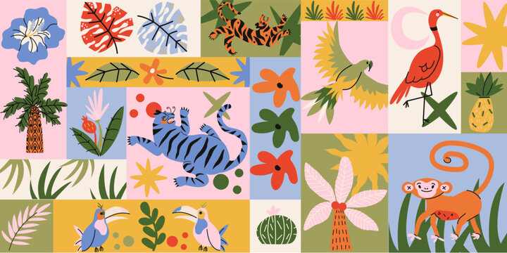 Seamless tropical pattern in retro cartoon style. Jungle elements: palm tree, leopard, snake, toucan, exotic leaves. Colorful graphic design with bold summer vibe in cartoon style