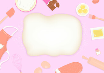 Bread dough and baking utensils background