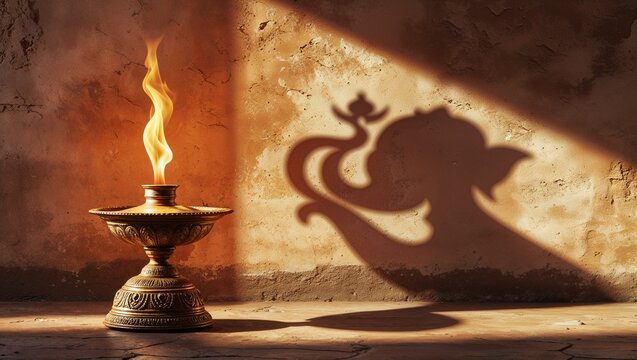 Casting flickering flame from brass oil lamp in niche, shadow forming Ganesha shape, copy space - Powered by Adobe