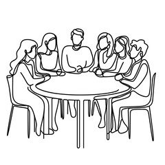 Continuous line drawing of group discussion around round table, minimalistic black and white illustration for teamwork, meeting or community concept