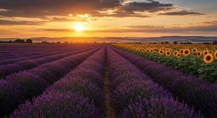 Fototapeta premium Lavender and Sunflower Sunset Fields