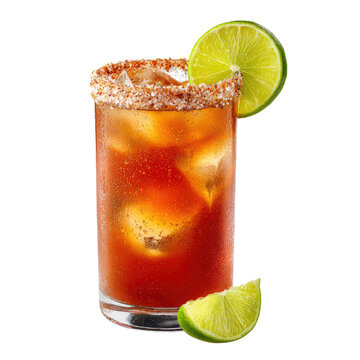 Michelada cocktail with lime and chili salt on transparent background