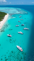 Turks and Caicos Top-Down View of Sandbanks and Coral Reefs with Yachts Anchored in Shallow Clear Waters