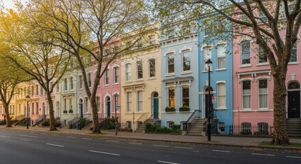 Fototapeta premium Pastel-Colored Victorian Townhouses on a Tree-Lined Street