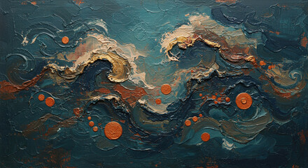Abstract Oceanic Symphony: An evocative and dynamic oil painting, the canvas comes alive with rolling ocean waves, rendered in a palette of deep blues and touches of gold.