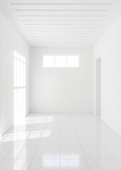 Obraz premium 3d rendering of a bright and clean white room with ceramic tile flooring and minimalist design Empty room interior design architecture blank design room