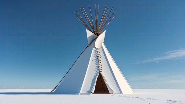 Standing white canvas teepee with wooden poles on salt flat, with footprints leading to entrance - Powered by Adobe