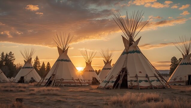 Displaying canvas tipis showcasing painted motifs, with wooden poles on dry plain at sunset