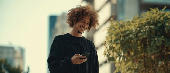The man enjoying a sunny day while checking his smartphone outdoors.