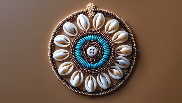 Displaying circular wall hanging on brown wall, with cowrie shells, turquoise beads and gold beads - Powered by Adobe