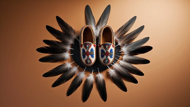 Beaded leather moccasins resting in studio on black base radiating black white tipped feathers