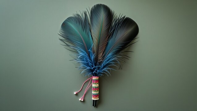 Laying fan on grey surface, showing shiny, small blue feathers, beaded handle, pink pearled tassels - Powered by Adobe
