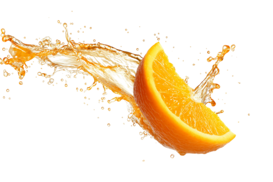  juicy orange slice with splashes of juice isolated on white background