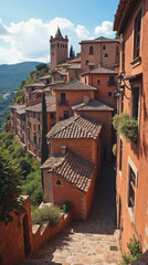 Spain Albarracín Aragón Rust-Red Sandstone Houses with Wooden Balconies