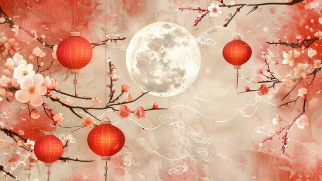 A serene scene under the full moon with red lanterns, ideal for use in nighttime or autumn themed designs