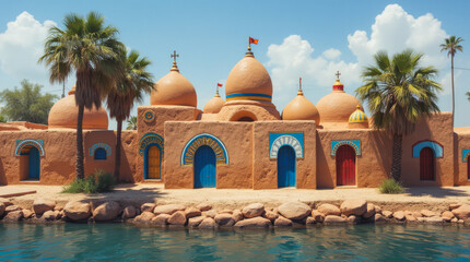 Sudan Nubian Villages Along the Nile with Brightly Painted Mud Houses and Blue-White Patterns