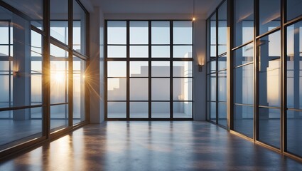 Central grid-style window casting warm light in modern office loft, with polished floor reflections