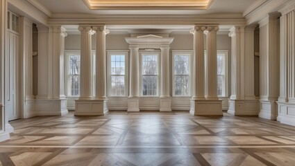Fototapeta premium Displaying empty classical hall showcasing fluted columns, coffered ceiling, windows, parquet floor