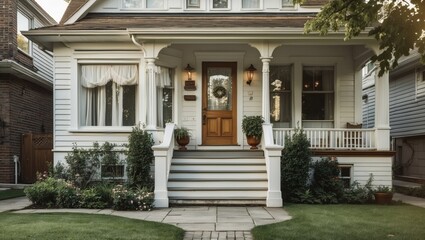 Obraz premium Showcasing front porch in front yard featuring columns, wooden steps, door wreath, lanterns