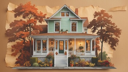 Showing two-story green house with wraparound porch, white railings, potted plants on street