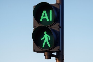 Green AI Traffic Signal Illuminates Safe Pedestrian Crossing Showcasing technology and innovation in smart city infrastructure against a clear sky.