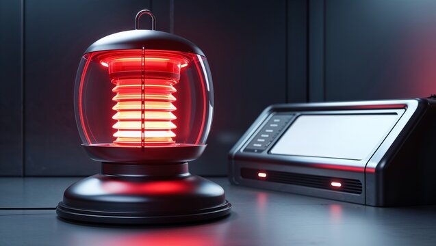 Emitting red glow, sci-fi lantern sitting on tabletop in lab with sleek control console, copy space - Powered by Adobe