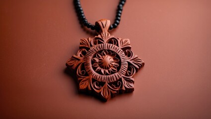 Fototapeta premium Highlighting carved wooden pendant dangling on black bead necklace in studio, showcasing texture