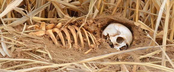 A human skull and rib bones lay in the dirt surrounded by dried grass and debris