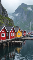 Nusfjord Lofoten Islands Norway Bright Red and Yellow Rorbuer Fishing Cabins on Stilts